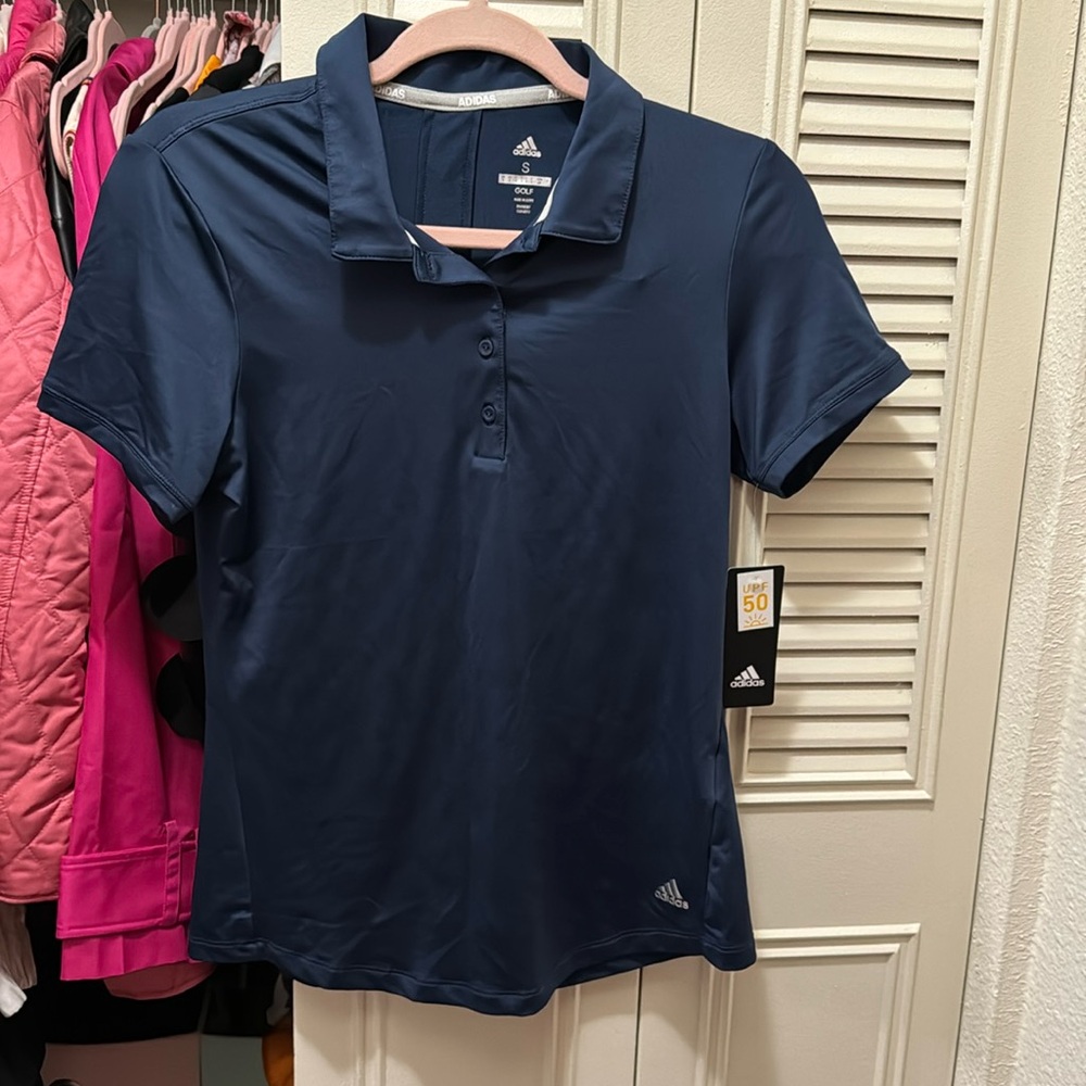ADIDAS NEW W TAG DARK BLUE GOLF SHIRT SIZE S